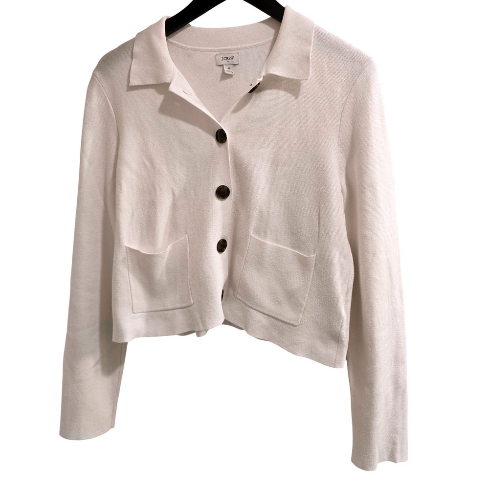 J.Crew Womens M Ivory White Cropped Cotton Cardigan Jacket Preppy Quiet Luxury